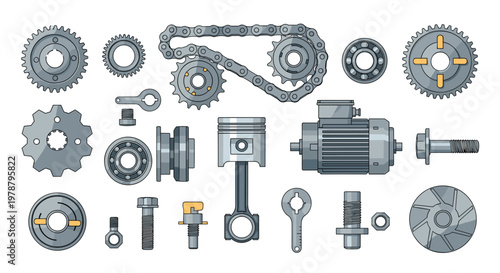 A comprehensive collection of various grey industrial mechanical components such as gears, chains, pistons, and electric motors is displayed on a white surface.