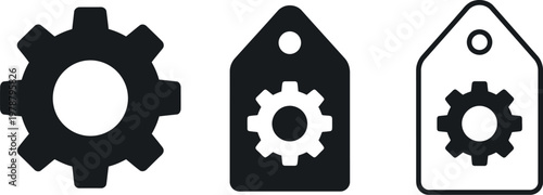 Black gear and price tag icon set for settings, configuration, and ecommerce interface design