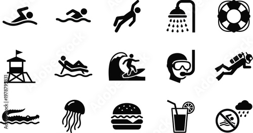 Black beach and pool icons with people swimming and food and objects  recreational activities