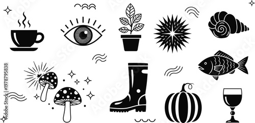 Black and white illustrations of various objects on a white background