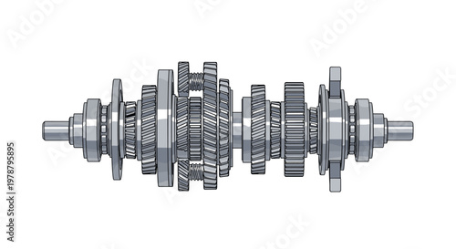 A sophisticated horizontal assembly of multiple interlocking steel gears and precision shafts is meticulously detailed in a clean technical illustration format.