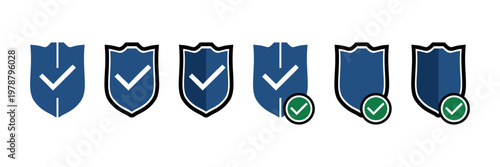 A set of blue shield icons with check marks, representing security, protection, and verified safety. Clean vector illustration ideal for cybersecurity, data privacy, and trust-related business themes