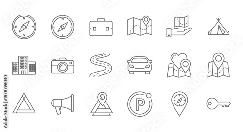 A collection of linear icons depicting travel navigation and outdoor adventure themes