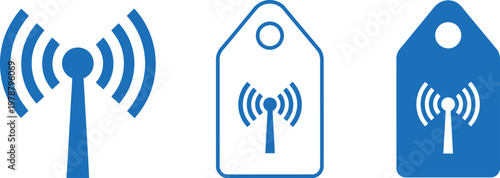 Blue RFID Tag and Wireless Signal Icon Set for Technology and Contactless Communication Concepts