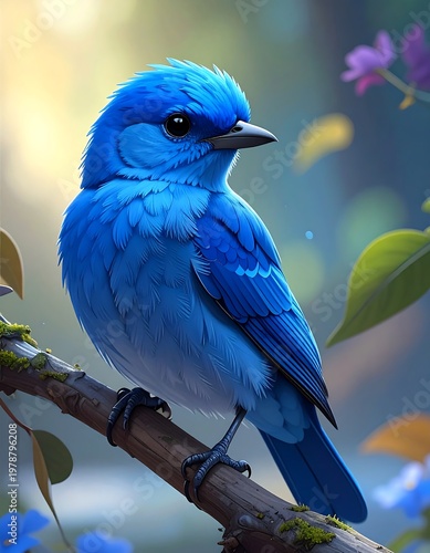 A vibrant, small, fluffy, blue bird perches gracefully on a brown branch, surrounded by lush green foliage and soft sunlight