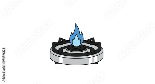 A circular metallic gas stove burner emits a steady blue flame with a pale core against a stark white background under bright artificial lighting conditions.