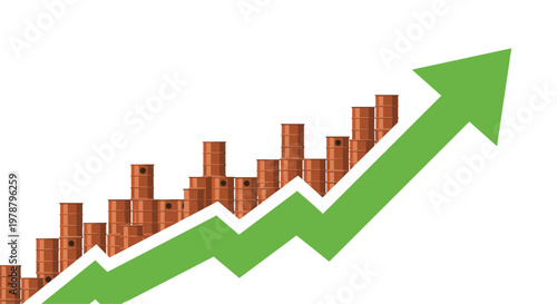 Numerous brown industrial oil barrels are arranged like a bar chart behind a thick green arrow pointing upwards against a clean white studio background.