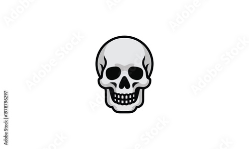 A cartoonish illustration of a smiling skull with a black outline on a white background