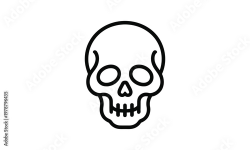 A black line drawing of a human skull on a white background