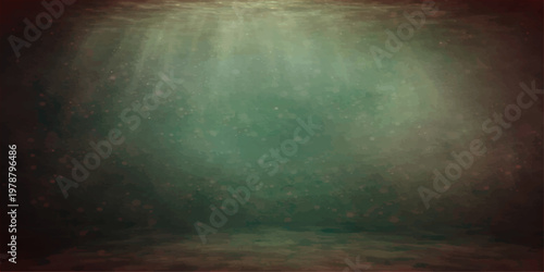 A vintage grunge design features dark rain drops on a textured window surface with a dirty wall backdrop and misty fog under a black night sky