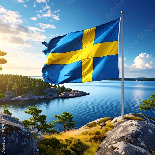 A vibrant shot of a waving flag on a pole, overlooking a beautiful landscape. A lake, trees, and blue sky complete the scenic view
