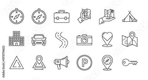 Collection of travel and navigation icons featuring compasses maps vehicles and destination markers