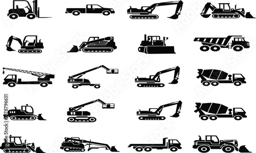 Black Silhouette Icons of Construction Heavy Machinery Vehicles Set Including Excavators Bulldozers Forklift Cranes Cement Mixers and Dump Trucks for Industrial Design and Logistics Graphics