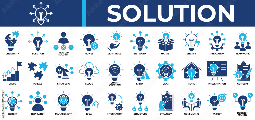 Fototapeta premium Solution icon set collection. Containing intelligent, spirit, question, cog, puzzle, decision, planning .Solid vector icons collection
