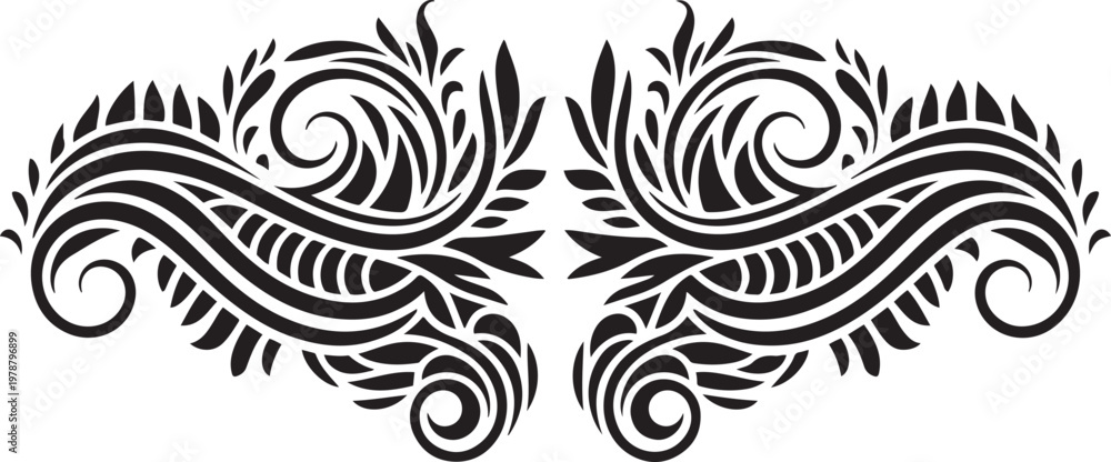 Fototapeta premium Intricate black tribal ornamental design with symmetrical composition and decorative floral elements. Silhouette vector illustration with out background.