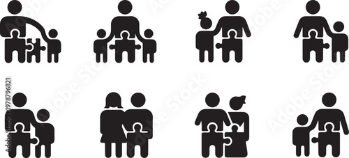 Abstract puzzle family icons set representing connection and uni. Silhouette  vector illustration with out background.