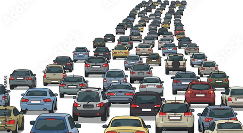 A vast array of diverse automobiles is viewed from the rear as they sit stalled in a massive multi-lane highway gridlock against a white background.