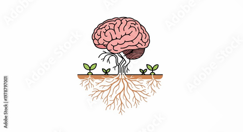 Brain growing from soil with roots and green sprouts symbolizing knowledge and growth