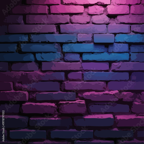 A vibrant brick wall illuminated with intense purple and blue neon lighting.