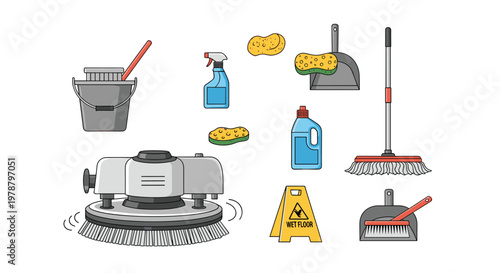A comprehensive set of professional cleaning equipment including a motorized floor scrubber mops buckets and sponges is displayed against a white background.