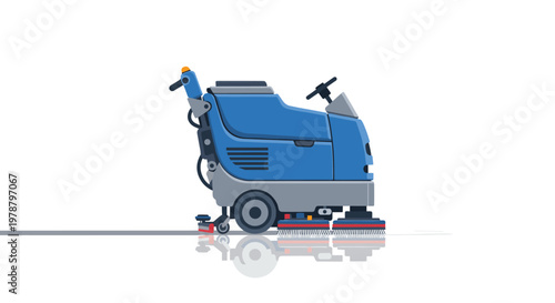 A professional blue and grey industrial floor scrubbing machine is depicted from a side profile as it cleans a reflective surface on a white background.