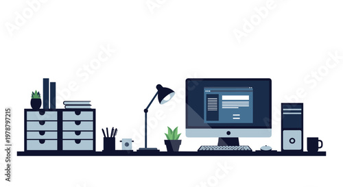 A sophisticated dark blue and grey workstation illustration showcases a computer monitor with a browser window alongside a desk lamp and storage drawers.