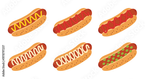A delicious collection of six unique hot dogs is meticulously arranged in two rows featuring various toppings like mustard, ketchup, and green relish.
