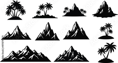 Collection of mountain and palm tree silhouettes in black on white background