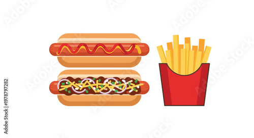 A tempting fast food meal illustration features two stacked hot dogs with diverse toppings alongside a red container filled with golden french fries.