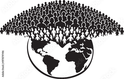 Black silhouette of 8.3 billion tiny human icons on globe