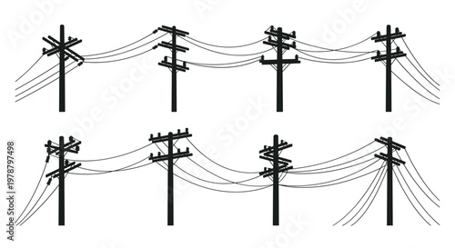 Meticulous black silhouettes of various electrical utility poles with intricate power lines stand out against a clean and stark white minimalist background.