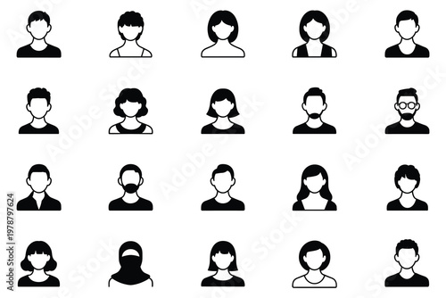 Assortment of black and outline icons representing diverse male and female user profiles avatar person