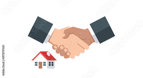 Diverse hands of different skin tones engage in a firm professional handshake above a charming small house featuring a bright red roof and white walls.