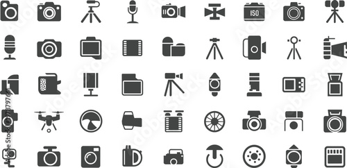 Assortment of black photography and videography icons on a white background Keywords: camera, microphone, tripod, drone, ISO, R