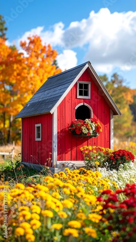 A vibrant, small red structure with a dark roof stands among colorful flowers and autumn foliage under a blue sky with fluffy clouds