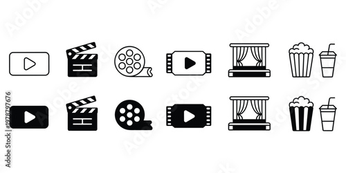 Black and white icons for cinema and movie watching on white background Keywords: movie, cinema, film, popcorn, drink, play