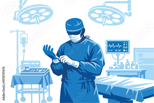 PrintSurgeon preparing for operation in sterile room vector illustration