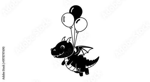 A black dragon holding colorful balloons.