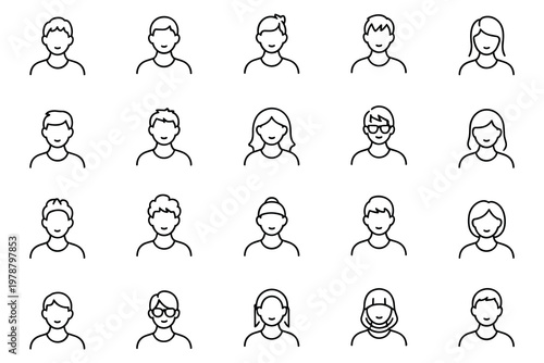 Diverse collection of simple line art icons representing male and female user profiles avatar person