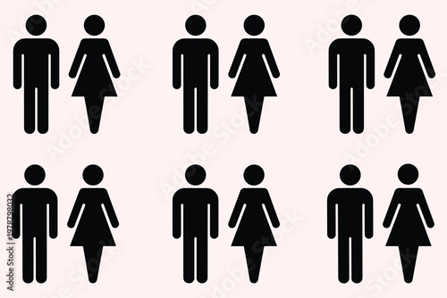 Six rows of two black male and female stick figure icons on a light pink background couple people