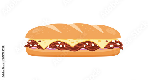 This appetizing long sub sandwich is meticulously layered with tender shredded beef and melted yellow cheese slices on a perfectly toasted golden brown bun.