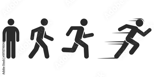 Stick figure icons showing progression from standing to running Keywords: stick figure, person, icon, running, walking, motion