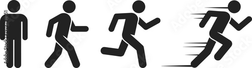 Stick figure icons showing progression from standing to running Keywords: stick figure, person, icon, running, walking, motion