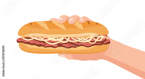 A single hand holds a delicious gourmet baguette sandwich stuffed with savory roast beef and creamy white sauce against a clean and bright white background.