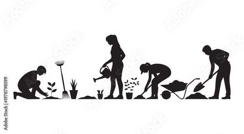 Gardeners working in line silhouette illustration with various plants pots and agricultural equipment