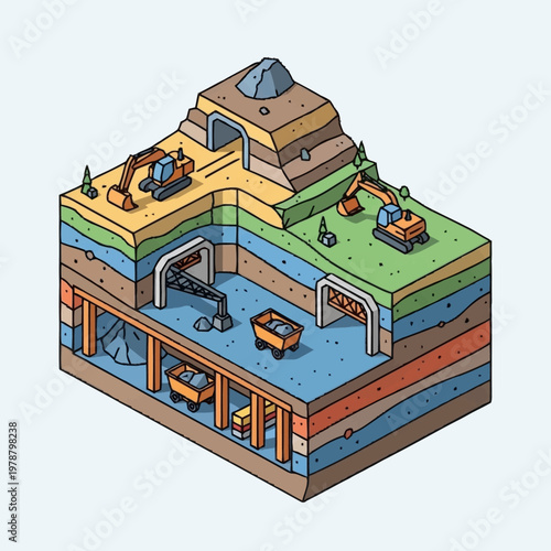 Cross section of a coal mine with excavators and carts.