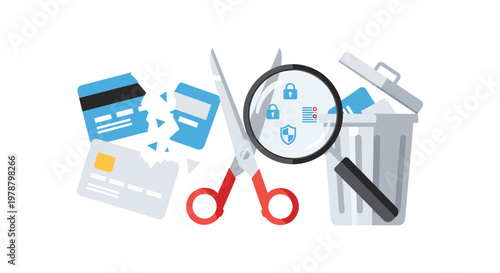 Financial security is emphasized through a broken credit card being discarded into a trash bin alongside red scissors and a specialized security magnifying glass.