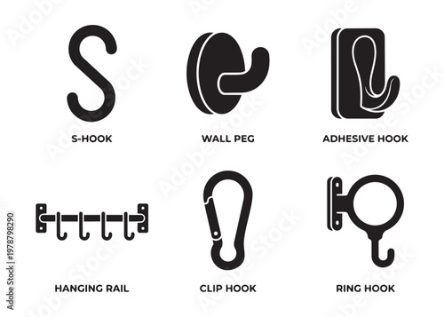 Hanging hardware types vector collection with wall peg s hook clip hook and ring hook silhouettes.