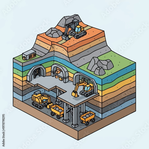Cross section of a mine with excavators and carts.