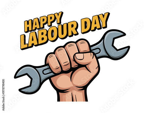 Labour day celebration with a clenched fist holding a wrench symbolizing workers rights and unity on a white background with Workers Day and Solidarity